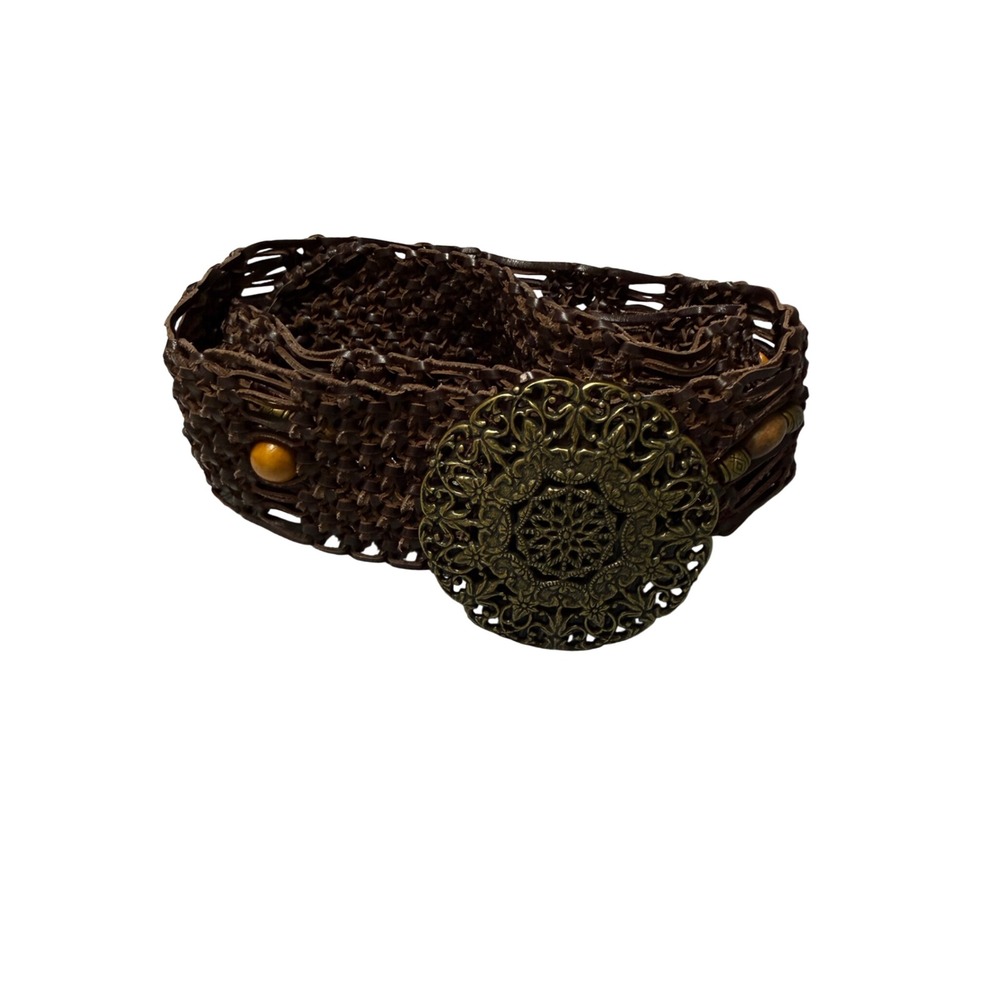Boho Leather Braided Woven Wide Belt Ornate Filigree Medallion Buckle Wood Beads